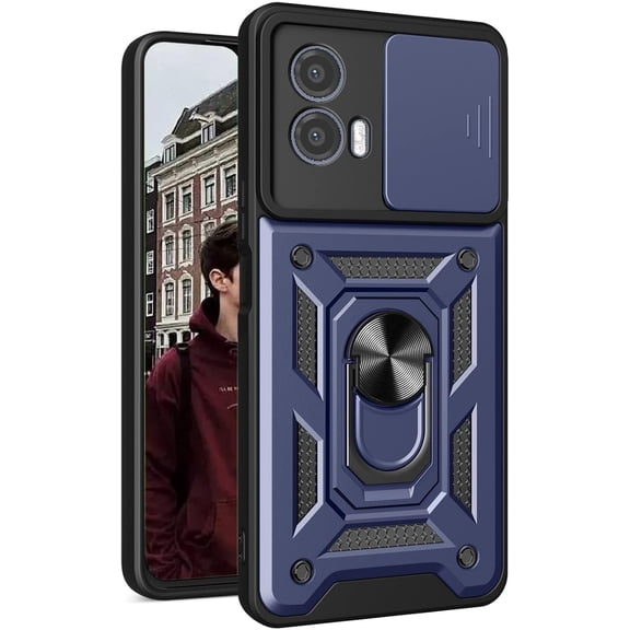 Phone Case for Motorola Moto G53 5G,Military Grade Shockproof Heavy Duty Protective Slide Camera Lens Cover Finger Ring Kickstand Case for Motorola Moto G53 5G/G13 4G/G23 4G 6.5'' SJ-Blue