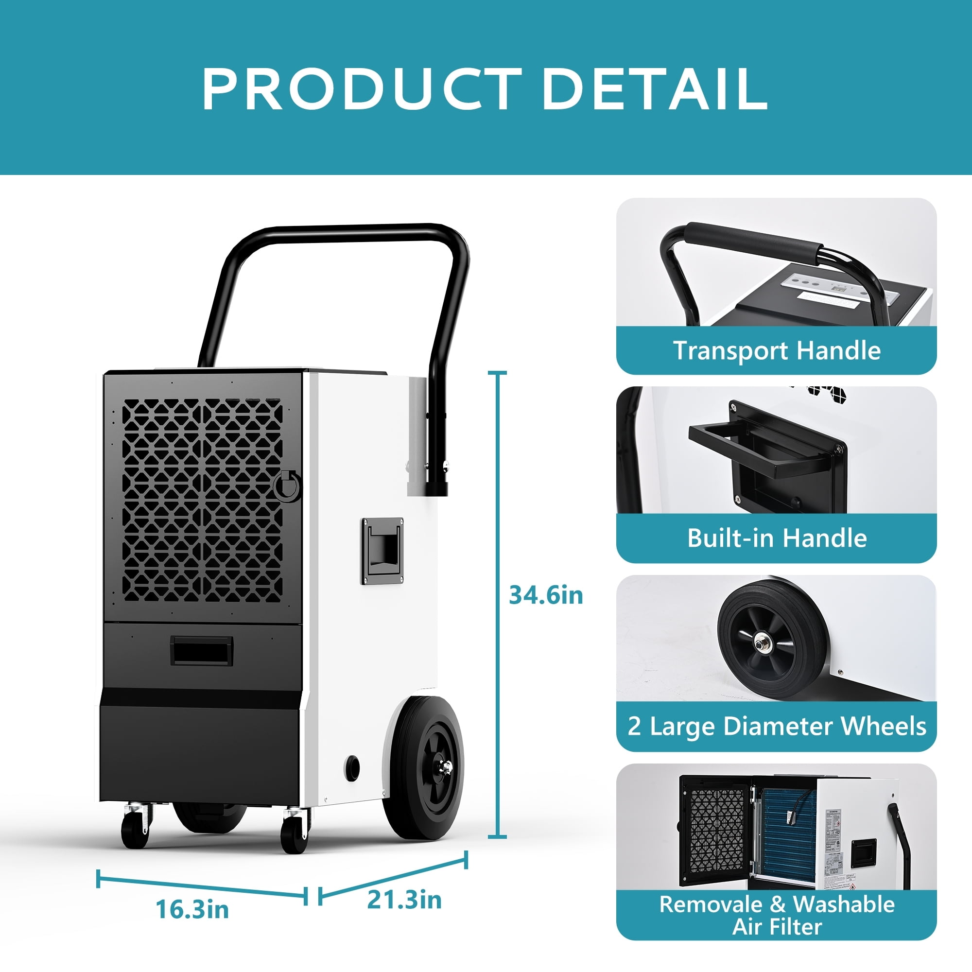 110 Pt. 5000 Sq. Ft. Commercial Dehumidifier - Drain Hose Included, for Basement/Warehouse/Factory (White)