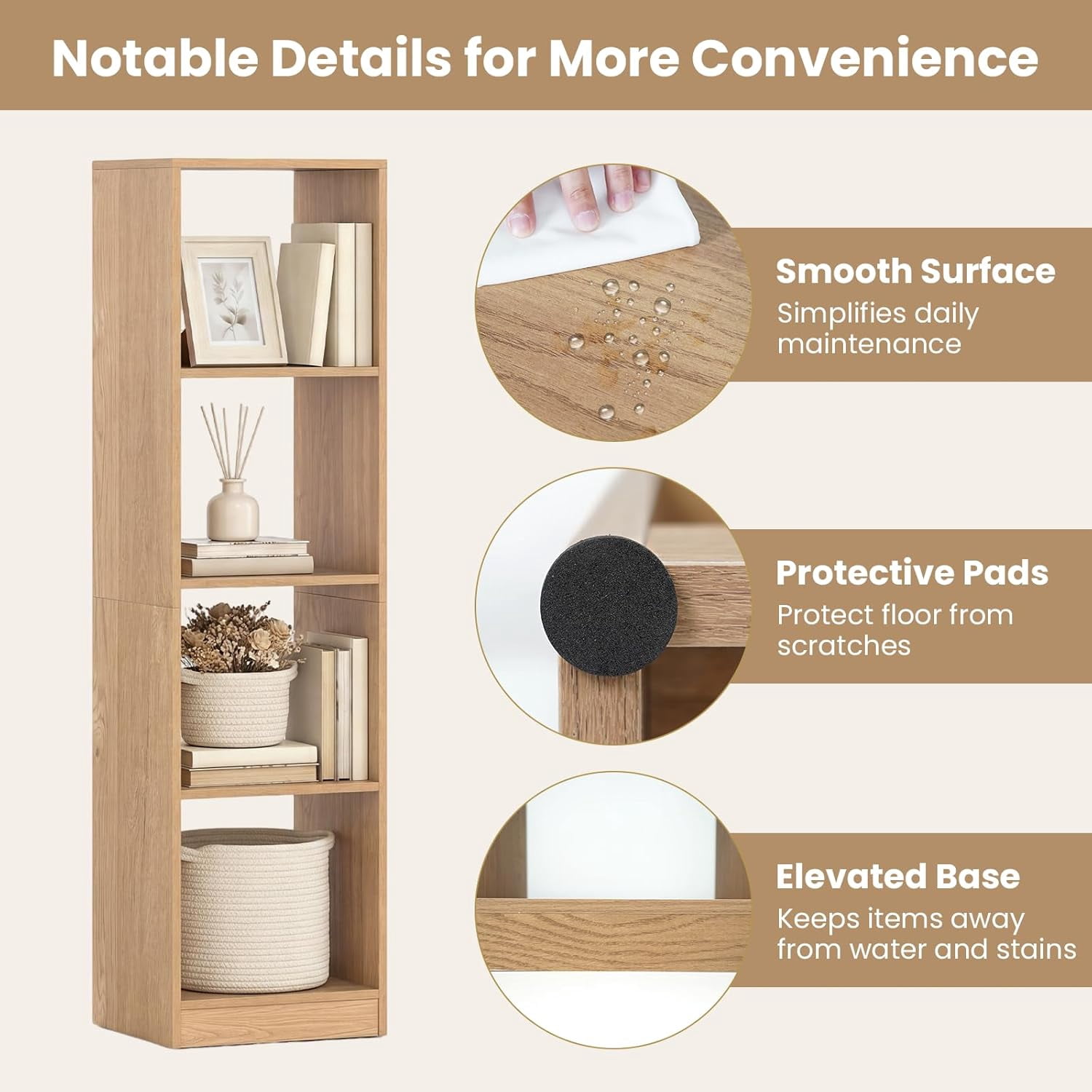 56" Tall 4 Cube Bookcase, Natural Freestanding 15" Wide 5-Tier Narrow Open Display Bookshelf w/ 4 Anti-Tipping Kits, Wooden Cube Storage Organizer for Small Place, Living Room, Bedroom