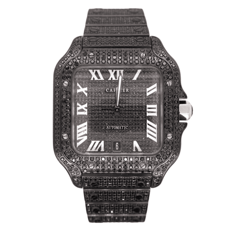 Cartier Men's Santos Large 40mm Steel Watch Black PVD 11ct Diamonds Roman Dial