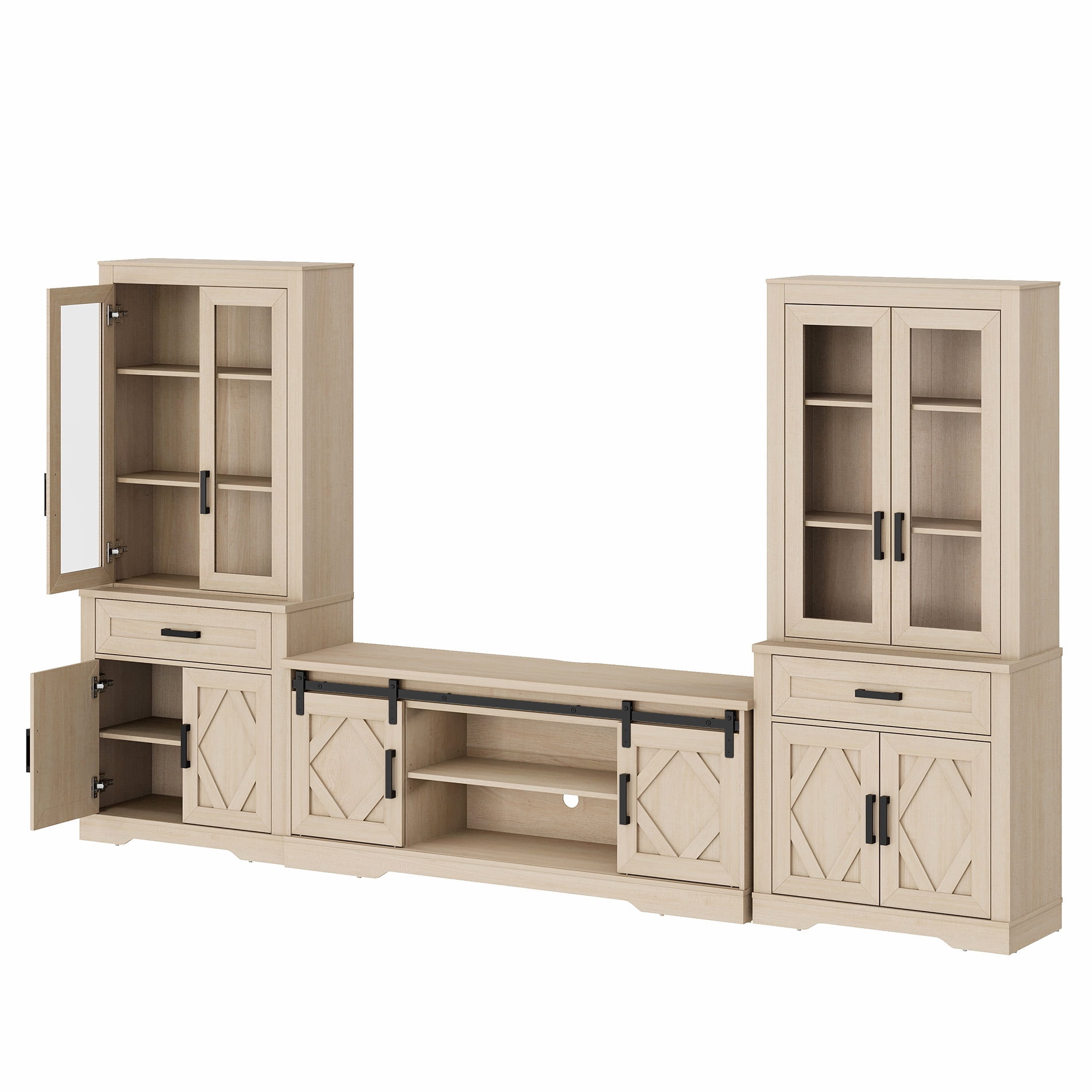 WAMPAT Farmhouse Entertainment Center with Bookshelf for TVs up to 65",Mid Century Modern TV Stand with 73"H Tall 5-Tier Bookcase with Open Storage and Barn Doors for Living Room,Beige