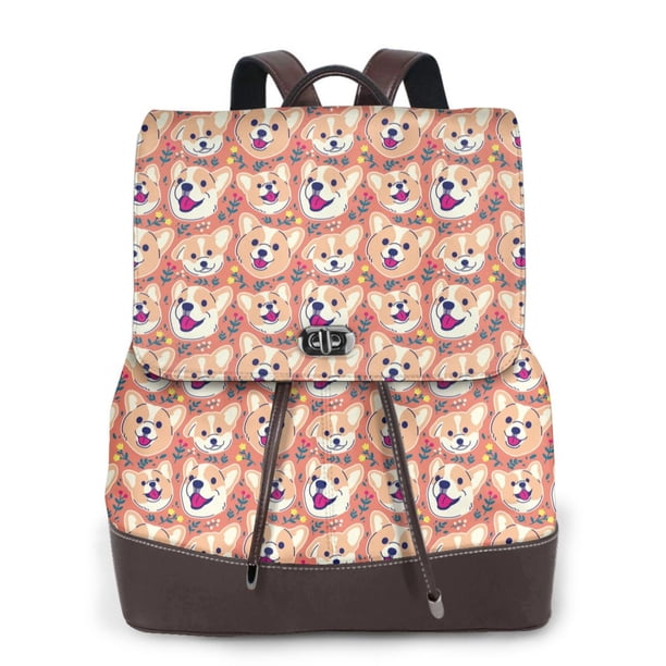 Easygdp Corgi Head with Floal Mochila de Cuero para Mujeres, Bolso de Hombro, Bolsos de Mano de Moda para Trabajo y Viajes