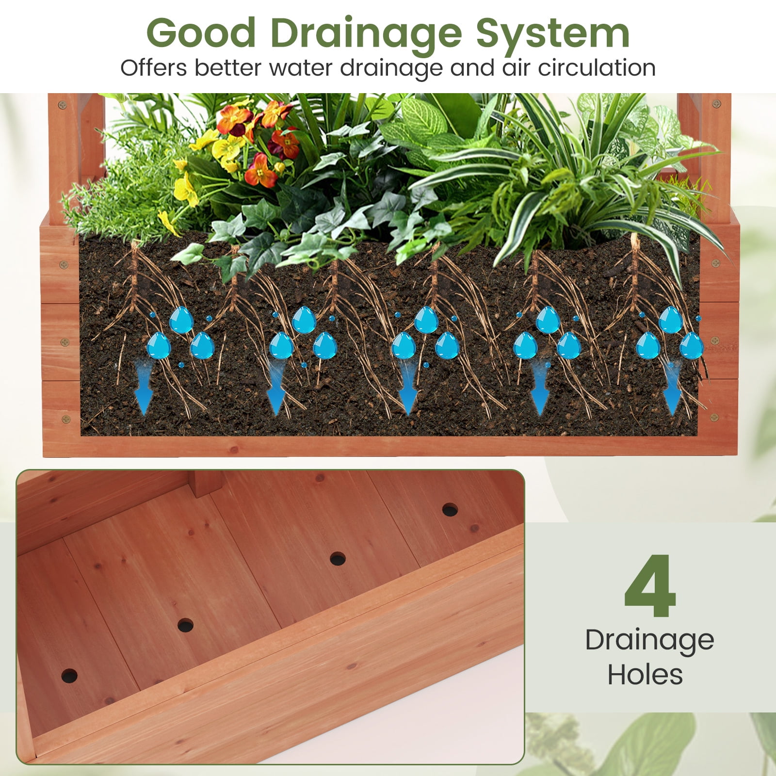 Patiojoy Raised Garden Bed with Trellis Indoor & Outdoor Planter Box with Top & Side Trellis Drainage Holes Elevated Feet for Vine Climbing Plant