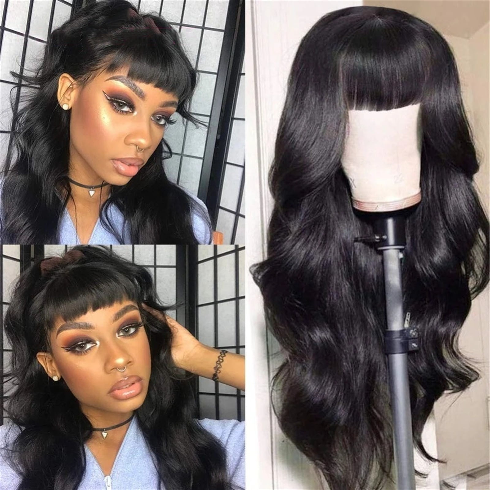 Wig with Bangs Human Hair Body Wave None Lace Front Wigs for Black Women 14-40 Inch Long Glueless Full Machine Remy Hair Wig, Natural Color