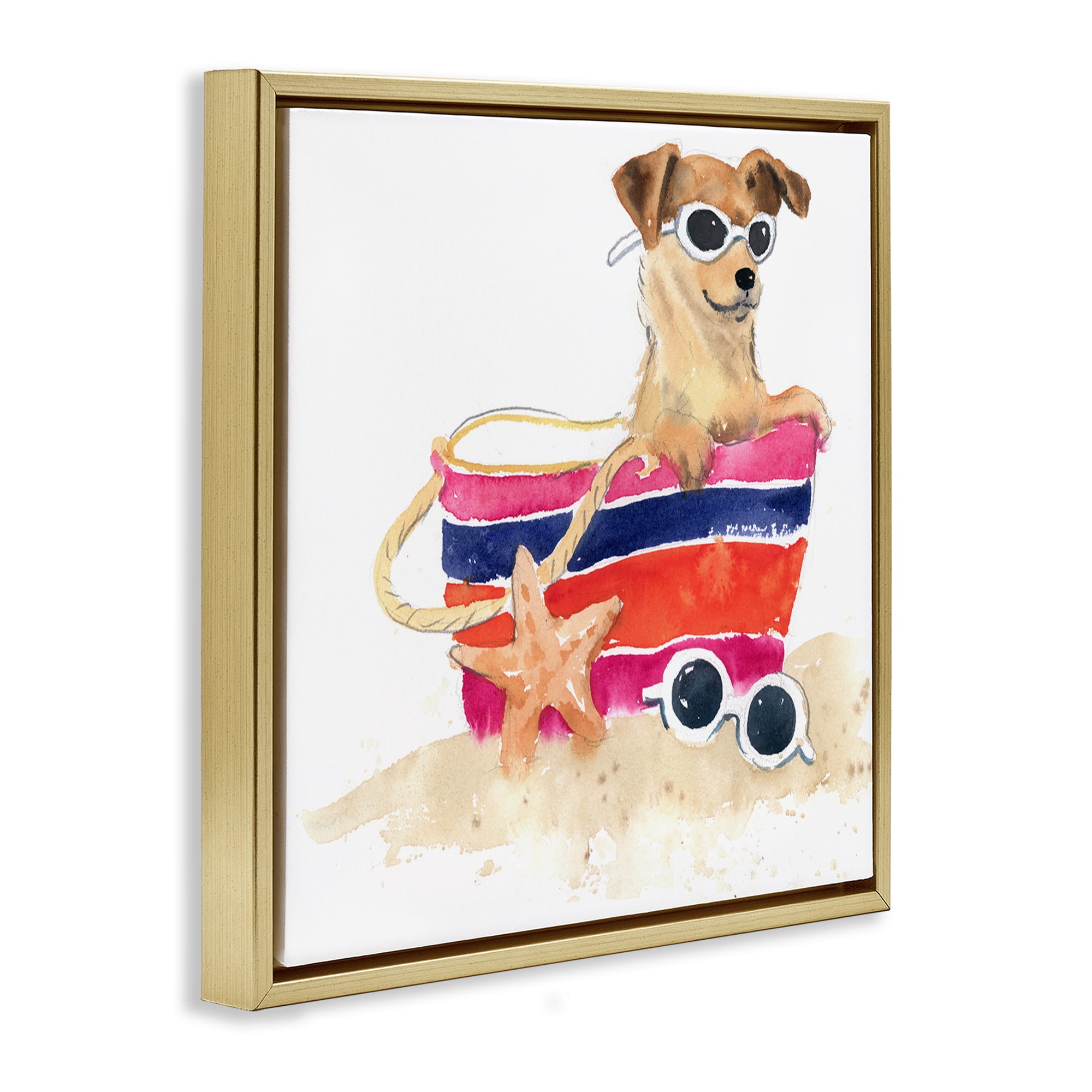 Stupell Industries Sandy Dog in Beach Bag Animals Painting Gold Floater Framed Canvas Art Print Wall Art, 18 x 18
