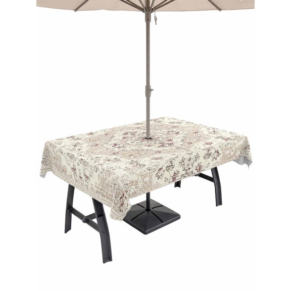 Outdoor Tablecloth with Umbrella Hole and Zipper, Beige Boho Rectangle Table Cloth 60x120 Inch Waterproof Tablecloth, Middle Century Ethnic Vintage Abstract Picnic Table Cover for Patio Camping