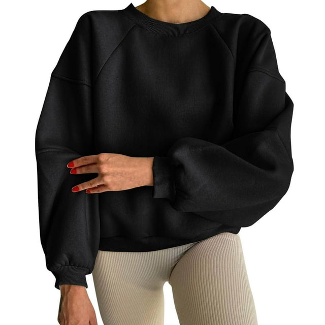 2DXuixsh Chandail en Molleton pour Femmes, Chandail en Molleton Décontracté Sans Capuche, Col Rond, Manches Longues, Couleur Unie, Basique, Noir Taille TG