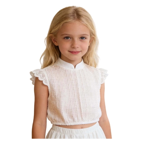 ASEIDFNSA Girls Ruffle Shoulder Blouse with Mock Neck Sleeveless Cut and Textured Fabric (White,9-10 Years)