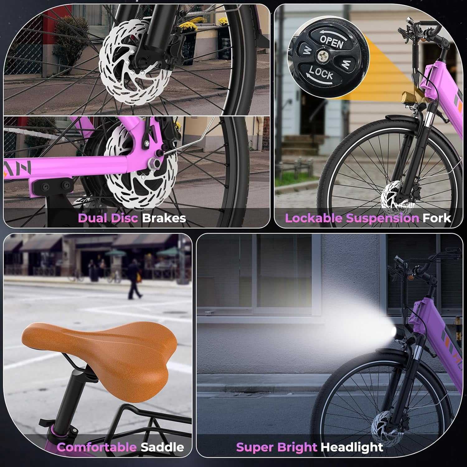 26" Commuter Electric Bike for Adults, 28 MPH Adult Electric Bicycles with New Shock Absorption, 1000W Motor, 48V 13Ah, 26" Unisex, UL 2849 Certified, Pink
