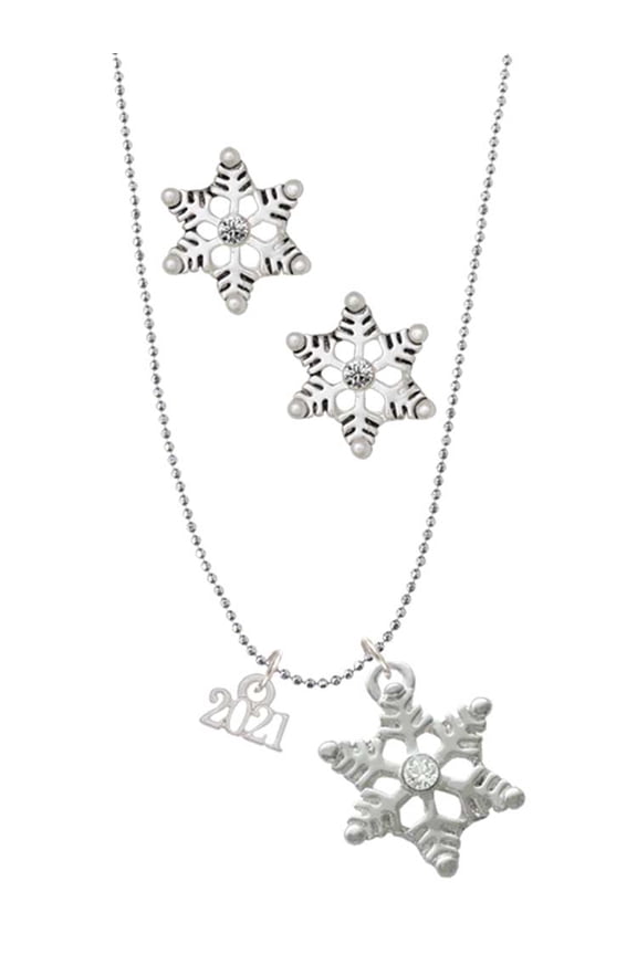 Silvertone Mini Year 2021 Silver tone Snowflake Charm Necklace and Stud Earrings