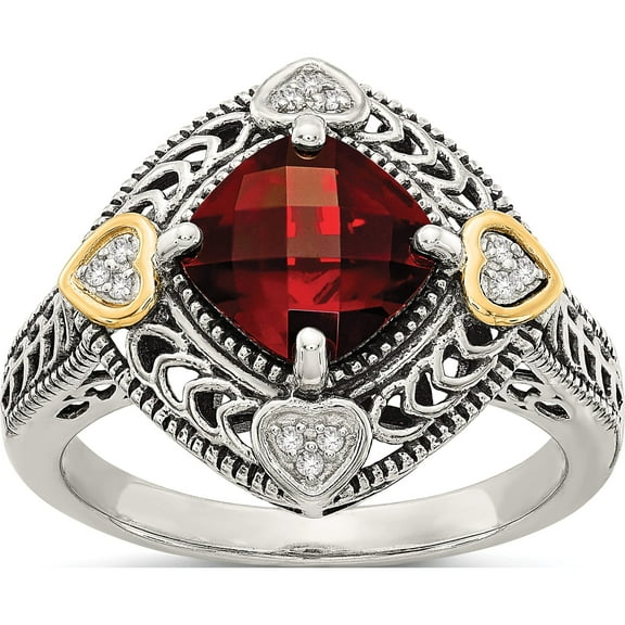 14K/Silver Two-Tone Sterling Silver With 14K Diamond & Garnet Ring (Size 6) Made In Thailand qtc668-6