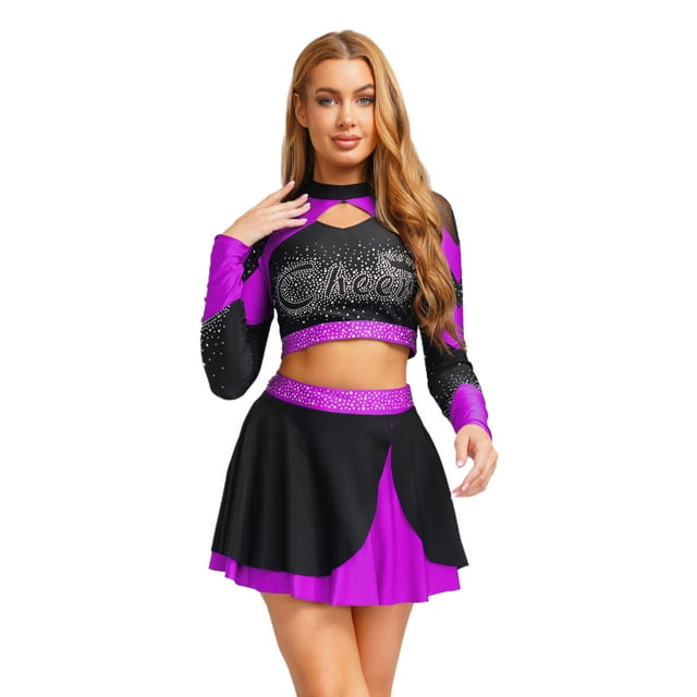 Xnihocha Womens Shiny Rhinestone Cheerleading Uniform 2 Piece Set Long Sleeve Crop Top & Skirt For Dance Purple XXL