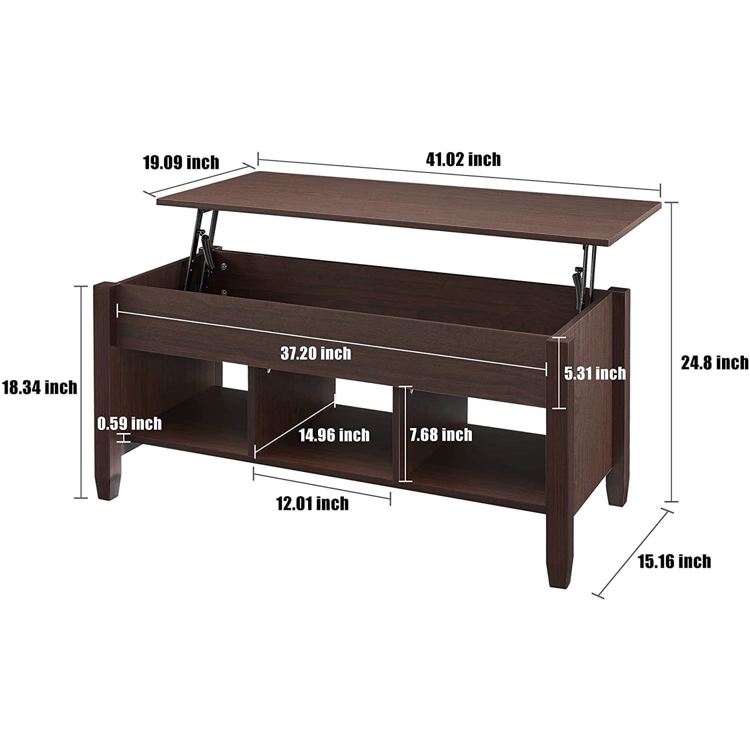 Kadyn Modern Lift Top Coffee Table with 3 Storage Rooms, Wooden Center Coffee Table with Lifting Top, Living Room Table for Family, Brown
