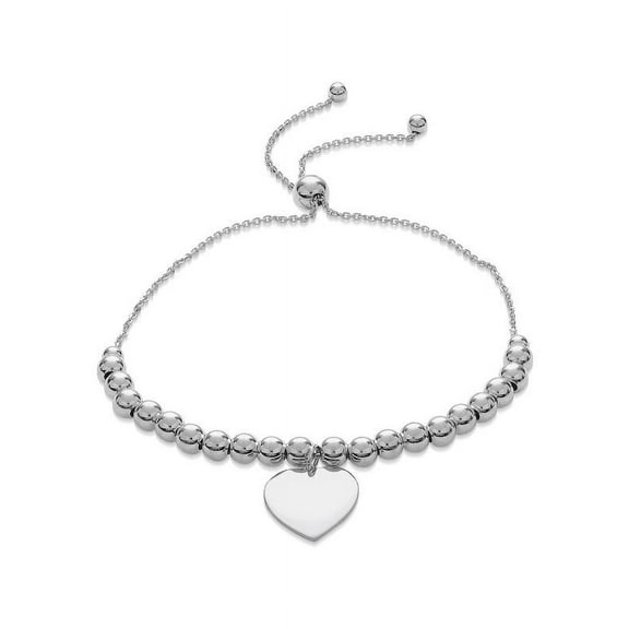 Sterling Silver Rhodium Plated Heart Disc Bead Bolo Bracelet 9 Inches
