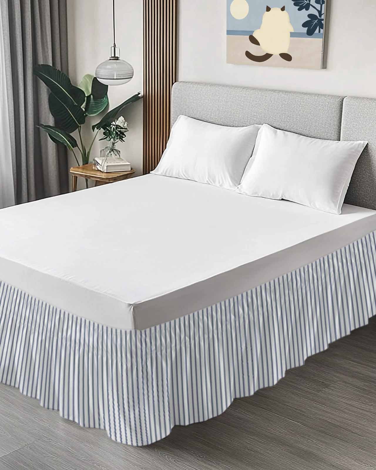 Navy Blue Striped Wrap Around Bed Skirts for Queen Bed 16" Drop,Bed Skirt with Adjustable Elastic Belt Dust Ruffle Bed Valance for Bedroom Hotel Navy Blue White Stripes Farmhouse Bed Frame Cover