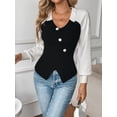thumbnail image 2 of Women's Color Block V-neck Ribbed Knit Top, Long Sleeve Button Front Slim Fit Cropped Sweater for Daily Wear, 2 of 11