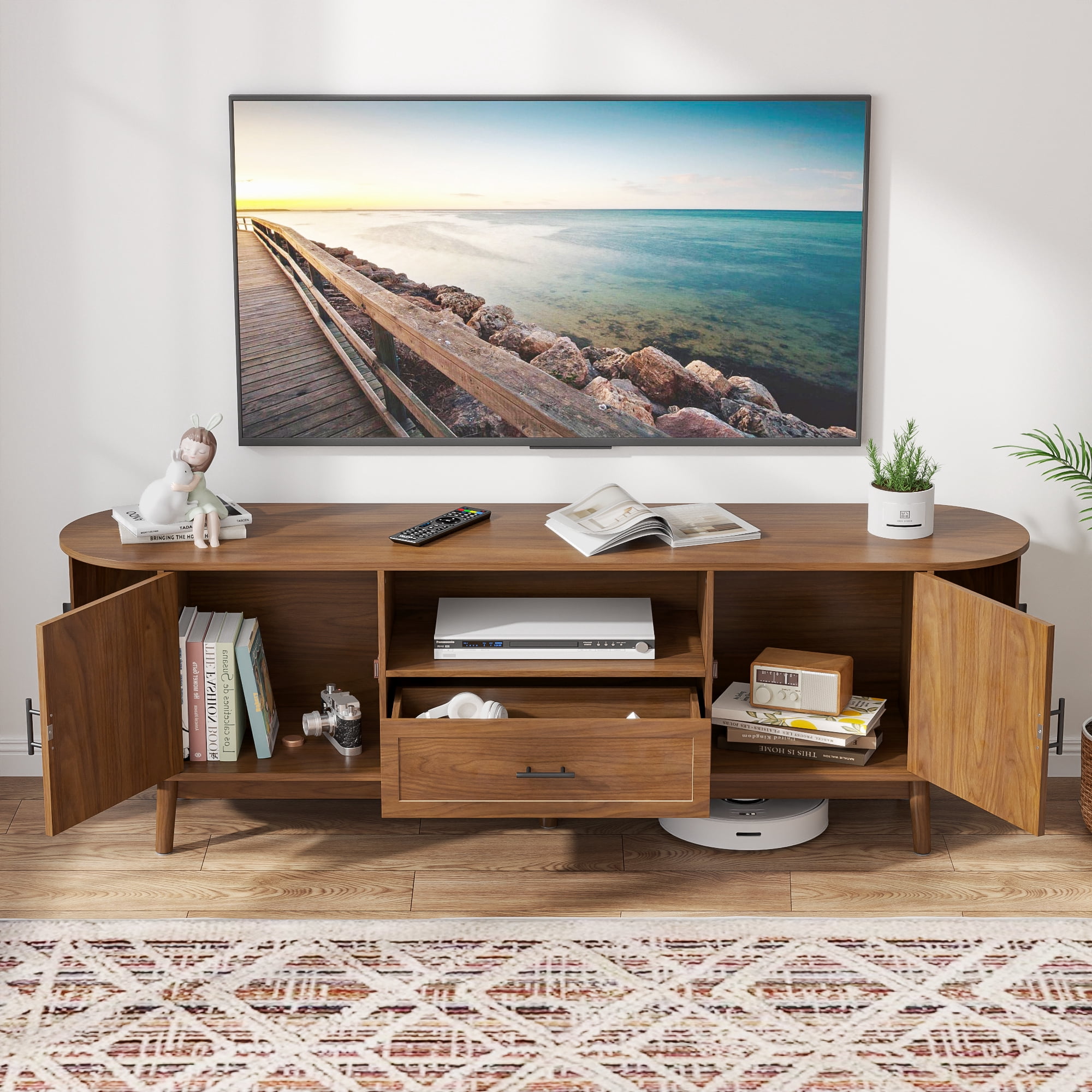 TV Stand for for TVs up to 80 Inch, 70" TV Console with Drawer and Fluted Doors, Modern Mid Century Entertainment Center for Living Room Bedroom, Walnut