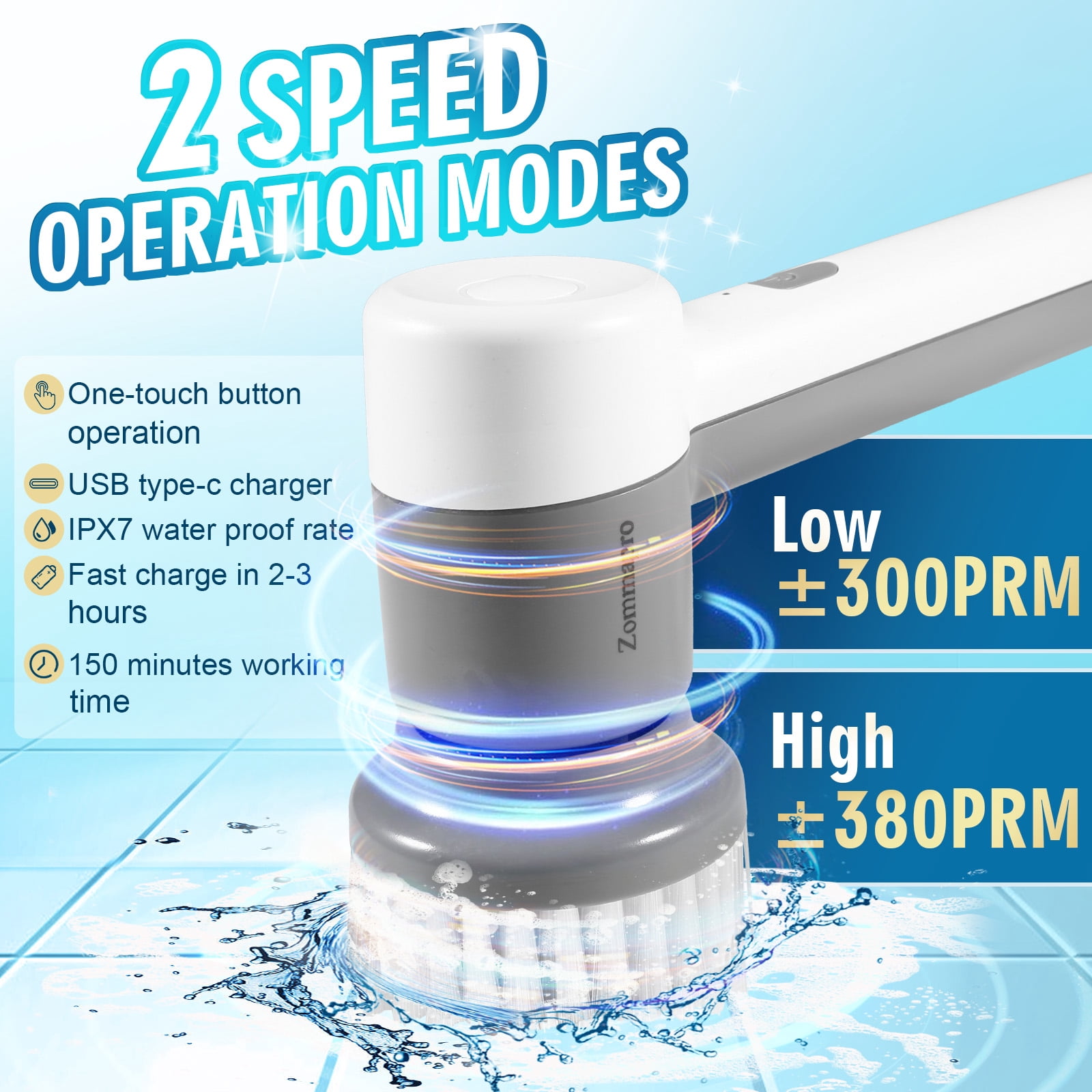 Zommapro Toilet brushes Bathroom Scrubber Rechargeable Shower Scrubber with 5 Replaceable Brush Heads, Cordless Cleaning Brush Power Scrubber for Floor Wall Tile Tub Sink Grill Dish Kitchen