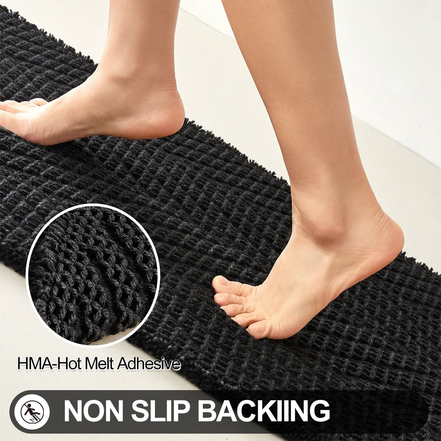 BULULOM Black Bathroom Rug, Waffle Bath Mat Non Slip Washable Super Absorbent Quick Dry, Boho Farmhouse Bathroom Decor, 20"*30" Black