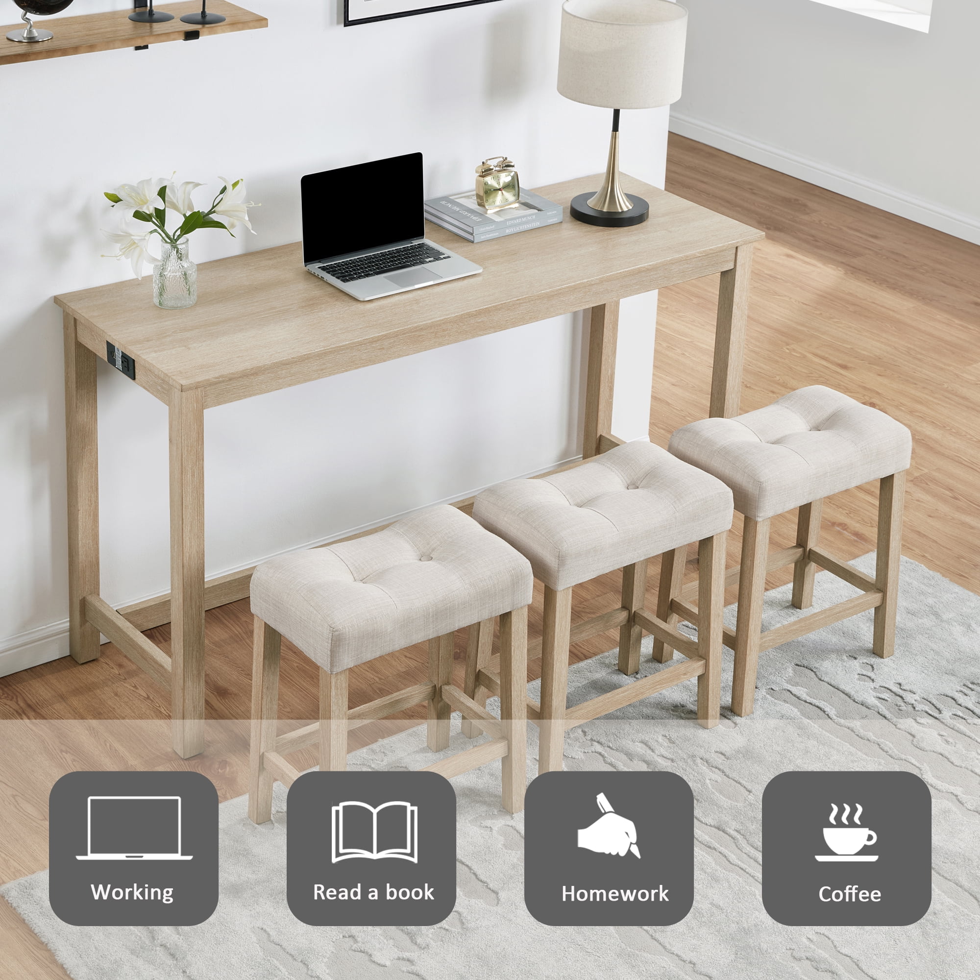 Gewnee 4 Piece Bar Table Set with Power Outlet,Counter Height Pub Table with Padded Stools,Behind Couch Table for Living Room,Dining Room.Light Oak