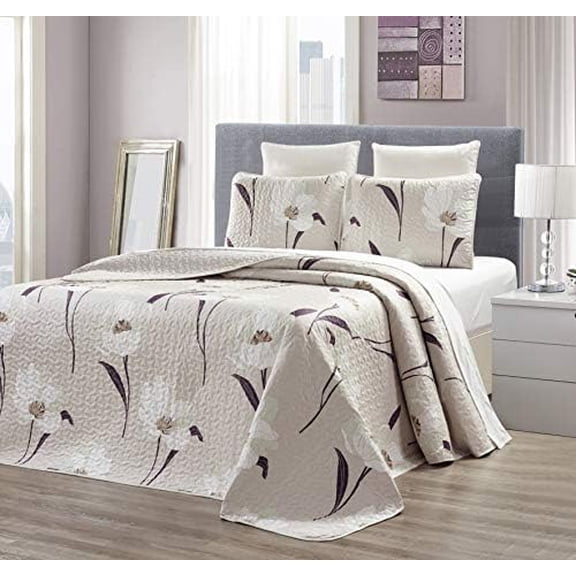 GrandLinen 3-Piece Fine Printed Oversize (100" X 95") Quilt Set Reversible Bedspread Coverlet Queen Size Bed Cover (Taupe, Brown, White Tulip Floral)