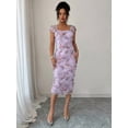 thumbnail image 4 of Mauve Purple Womens Elegant Ruched Floral Mesh Midi Dress With Square Neck And Short Puff Sleeves, 4 of 6