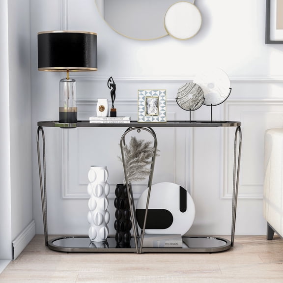 Gables 1-Shelf Metal Console Table, Black Nickel and Gray