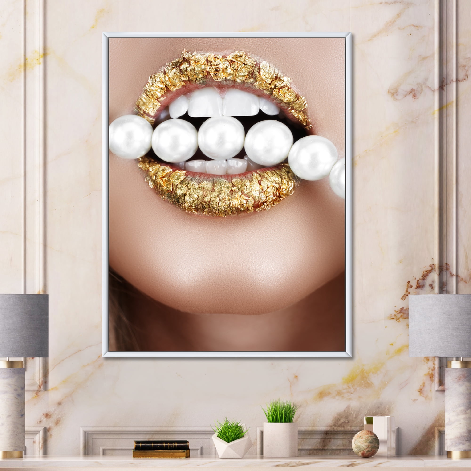 Designart 'Gold Leaf Lips Mouth With Pearls' Modern Framed Canvas Wall Art Print