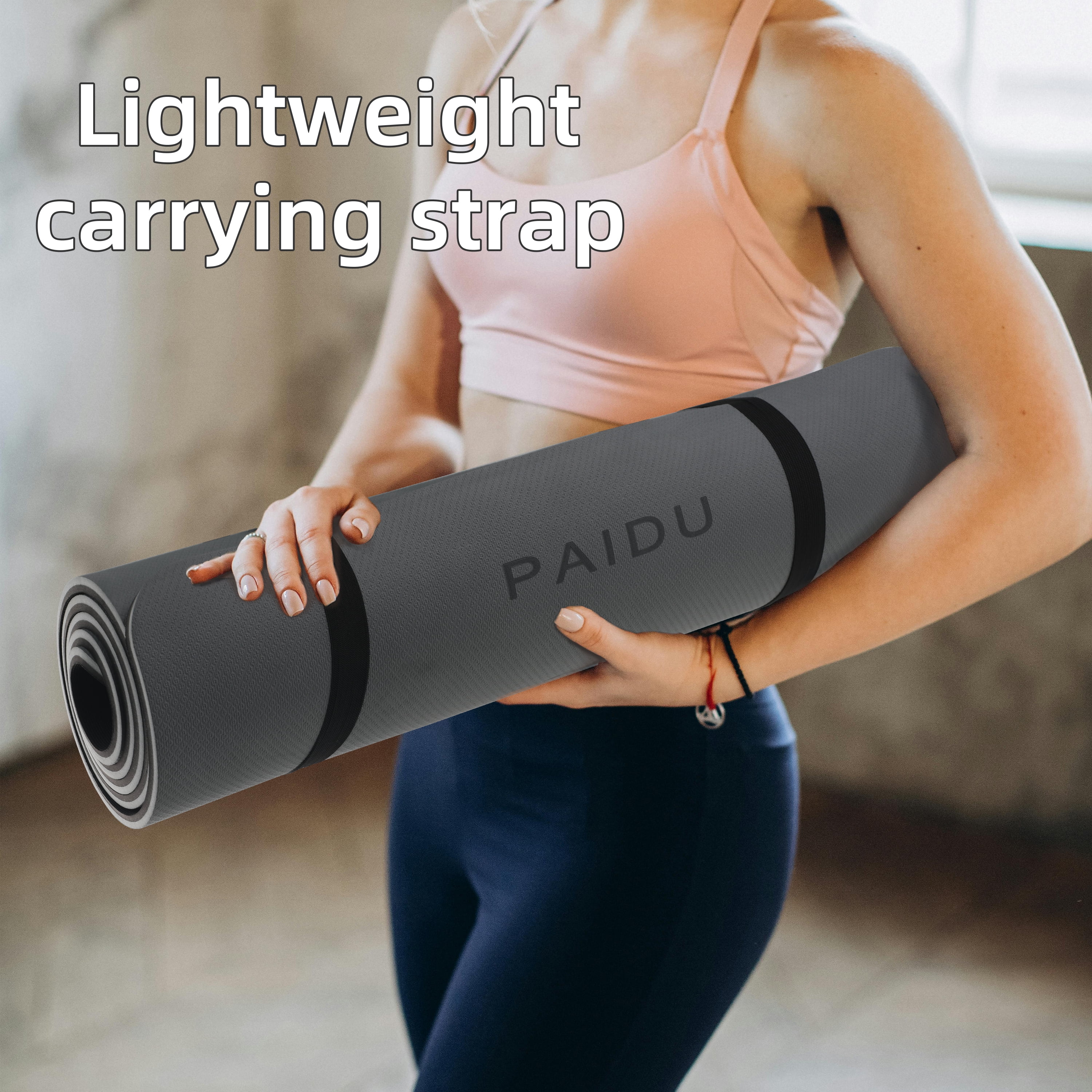 SAHAI 0.4inch Non-Slip Thick Yoga Mat with Strap –Travel & Home Gym Exercise Mat | 72x24 inch(Light Gray + Black)