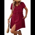 thumbnail image 1 of Vestido Bohemio de Fiesta para Mujer, de Corta, con Botones y Cuello en V, con Bolsillos, Vino Tinto M, 1 of 6