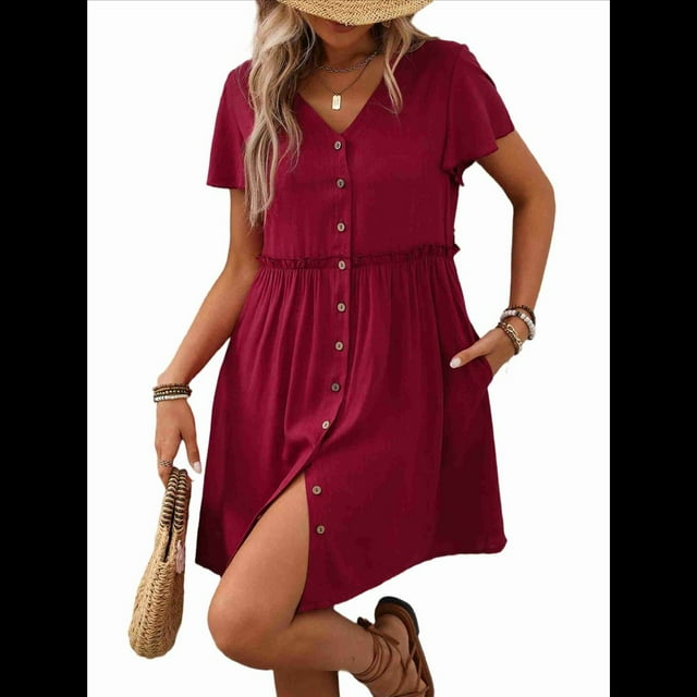 Vestido Bohemio de Fiesta para Mujer, de Corta, con Botones y Cuello en V, con Bolsillos, Vino Tinto M