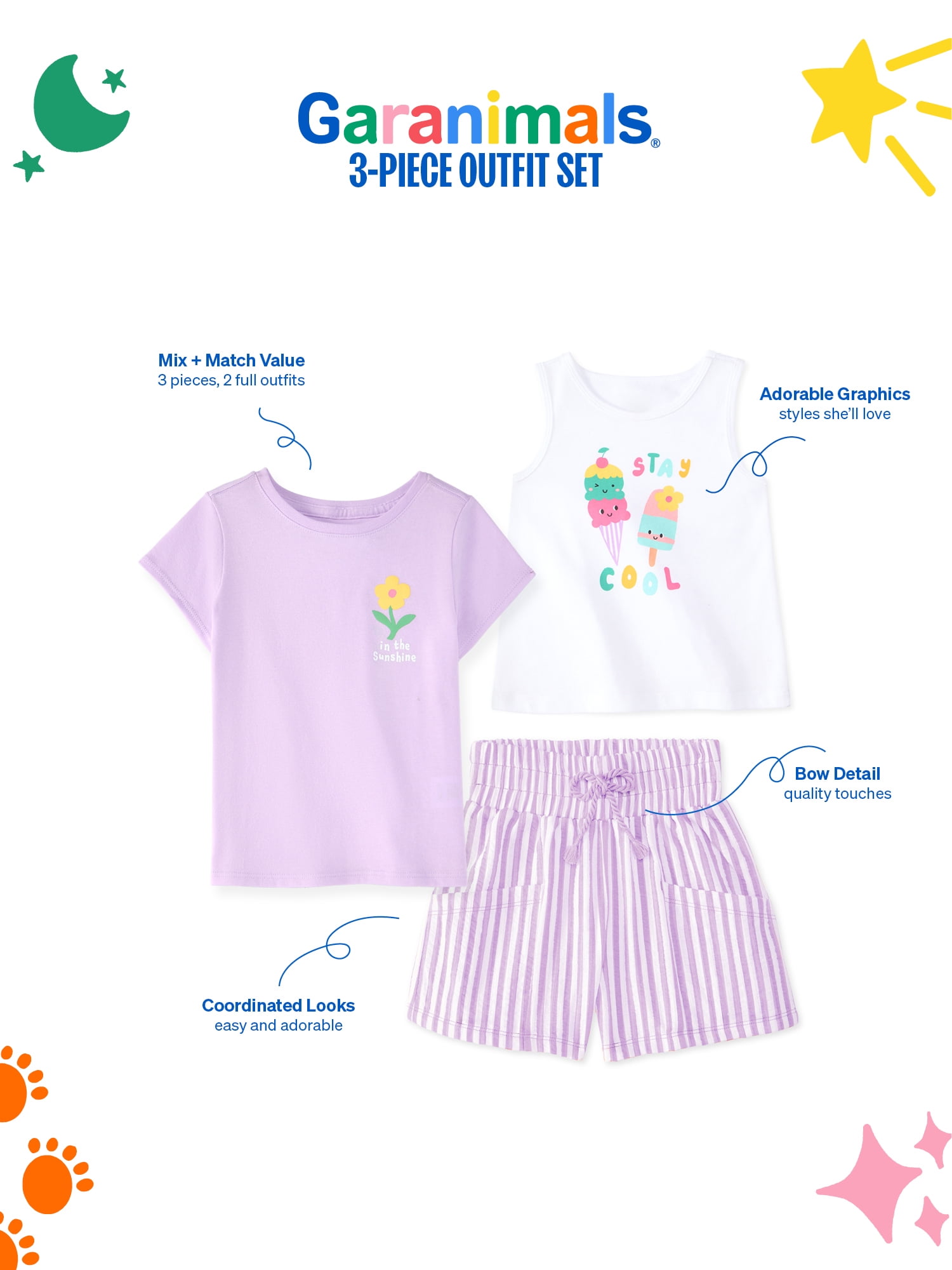 Garanimals Newborn, Baby & Toddler Girl Cotton 3-Piece Set, Tank, Tee & Pull-On Shorts, Sizes 0-6T