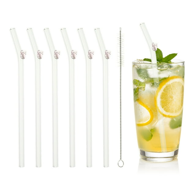 Uxcell 6 Pcs Popotes de Vidrio Reutilizables, Popote de Vidrio de 7.87" con Diseño de Conejos, Resistente a Roturas, Popotes Lindos para Whisky, Café, Jugo, Refrescos, Té, Rosa