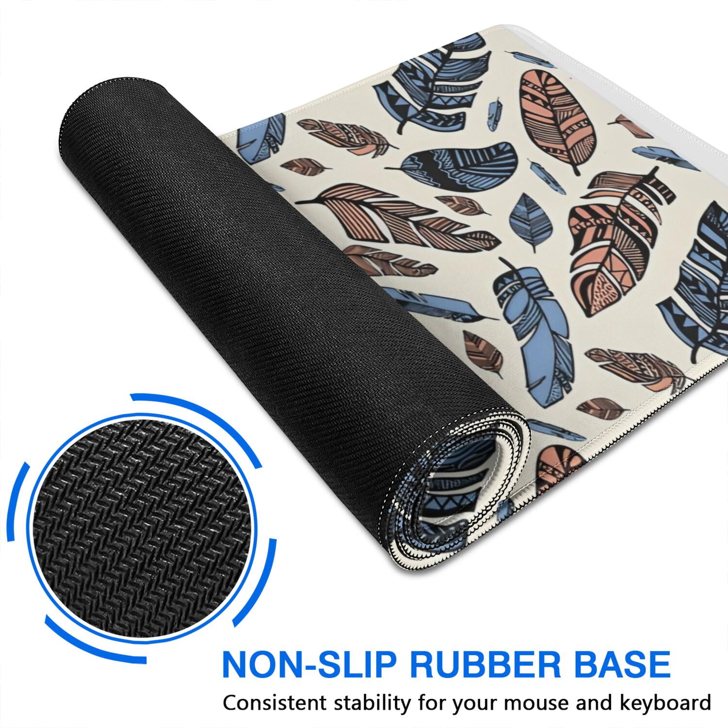 Long Mouse Pads for Desk,Blue and Brown Feather Pattern Desk Mats on Top Of Desks, Desk Mouse Pad Extra Large with 3mm Non-Slip Base and Stitched Edge for Gaming,Office,Work,Home 35.4"x15.7"