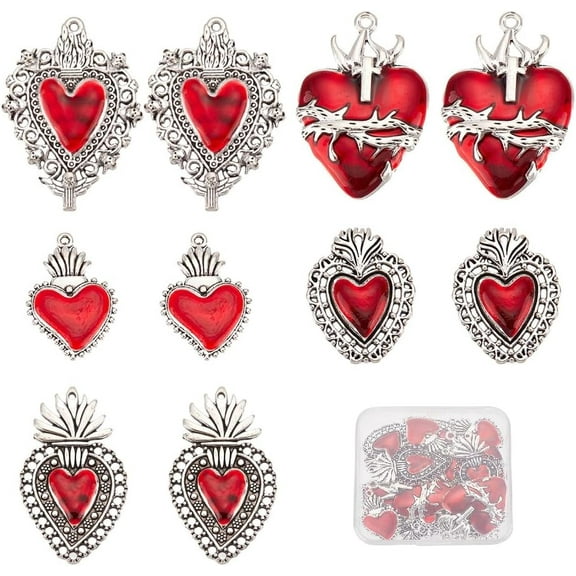 1Box 20Pcs Heart Charms Gothic Style Sacred Heart Charms Bulk Antique Silver Red Heart Thistles Thorns Fancy Enamel Charm Charms Valentine's Day Supplies