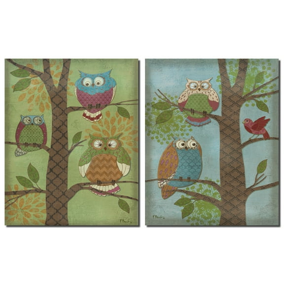 Fantasy Owls I Trendy Popular Tree Owl Set; Two 11X14 Poster Prints. Blue/Green/Brown