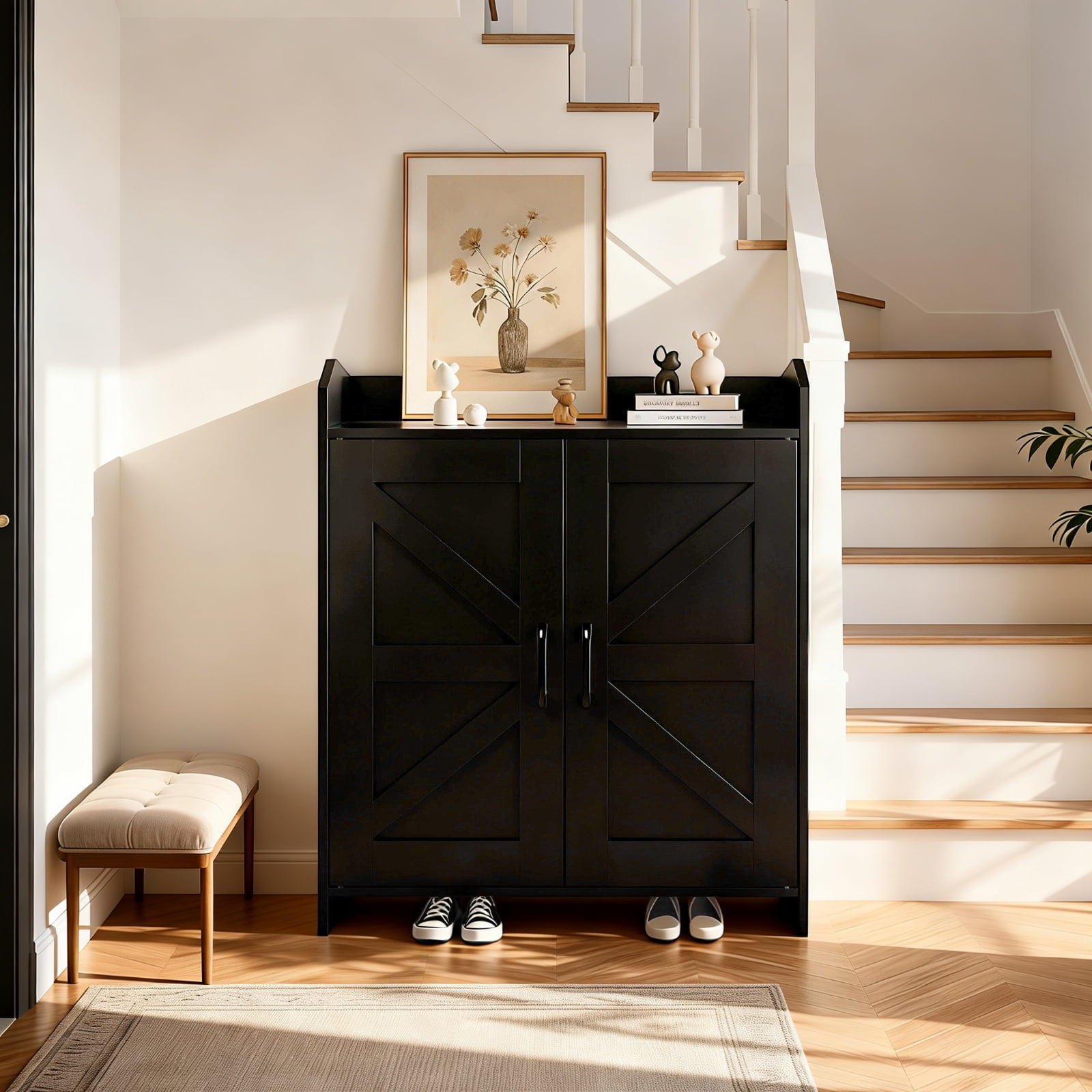 Farmhouse Shoe Cabinet with Doors, Modern Large 5-Tier Shoe Storage Cabinet with Adjustable Shelves, Wooden Shoe Organizer for Entryway, Hallway, Closet, Bedroom, Living Room Black