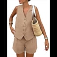 thumbnail image 1 of Conjuntos de Verano de 2 Piezas para Mujer, Sin Mangas, con Cuello en V, Abotonado, Chaleco y Pantalones Cortos con Bolsillos. Caqui M, 1 of 10