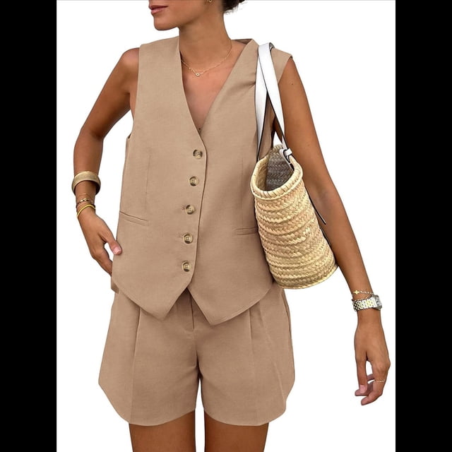 Conjuntos de Verano de 2 Piezas para Mujer, Sin Mangas, con Cuello en V, Abotonado, Chaleco y Pantalones Cortos con Bolsillos. Caqui L