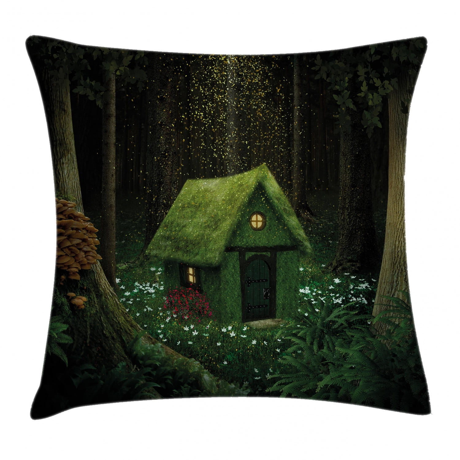 Fantasy Throw Pillow Cushion Cover, Surreal Little Forest House in Moss