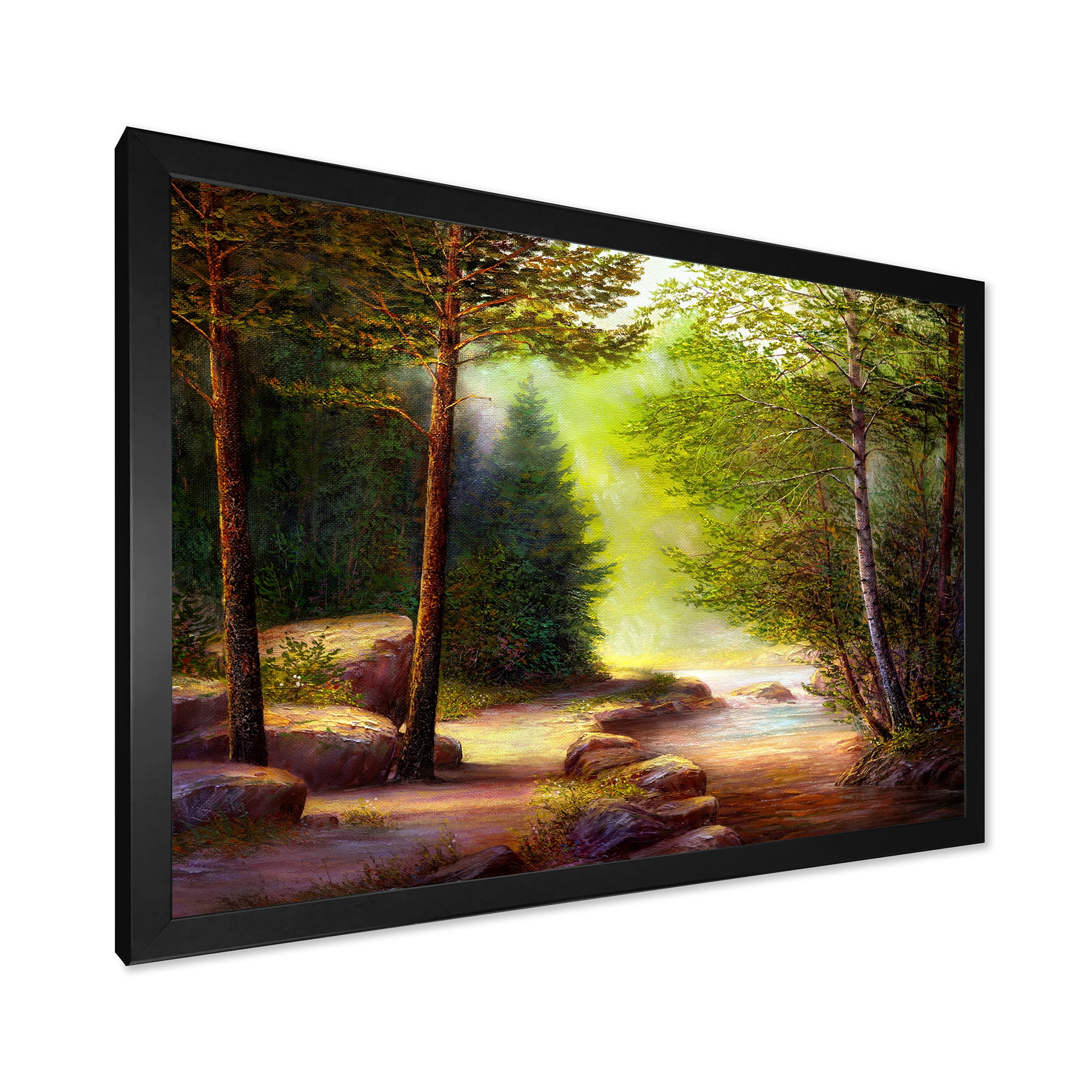 Sunrise Glow Through The Spring Trees 32 in x 24 in Framed Painting Canvas Art Print, by Designart