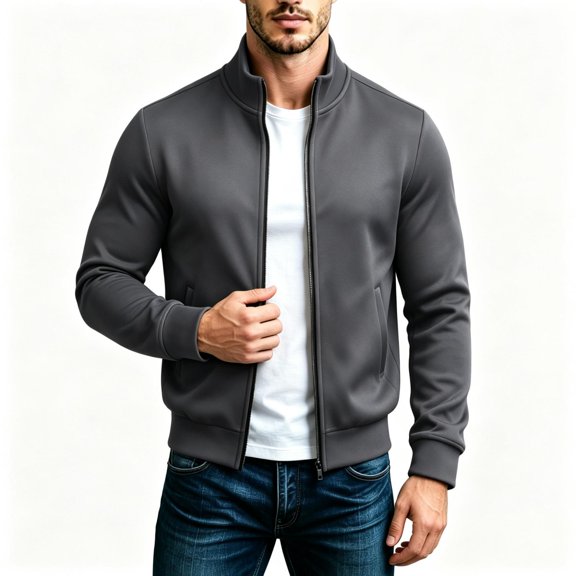 TKKCS Mens Full Zip Sweatshirt Hoodless Stand Collar Casual Long Sleeve Active Jacket with Side Pockets Dark Gray XL
