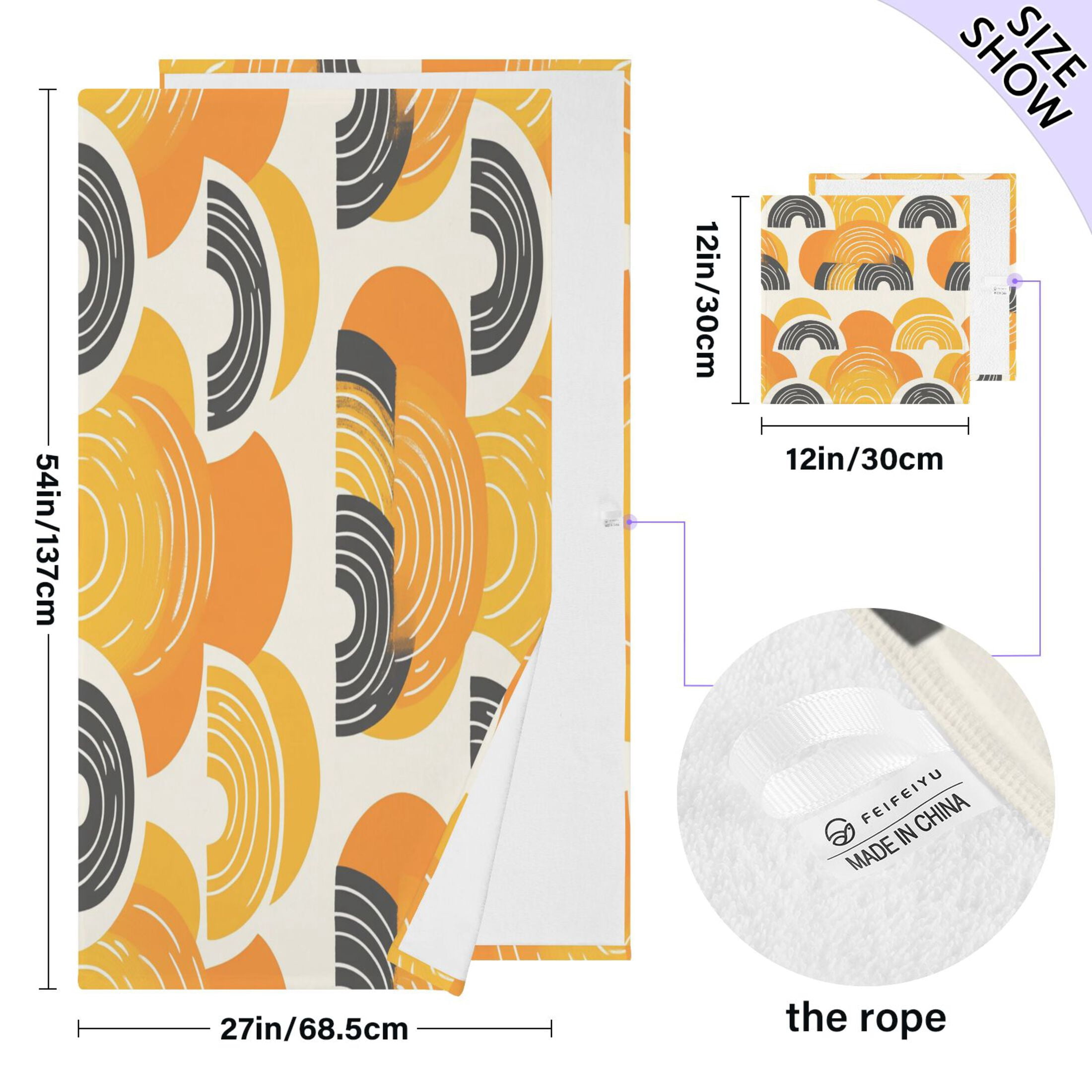 Orange Color Pattern 2 Piece Cotton Bath and Face Towel Set Soft and Absorbent, for Beach Pool Bathroom