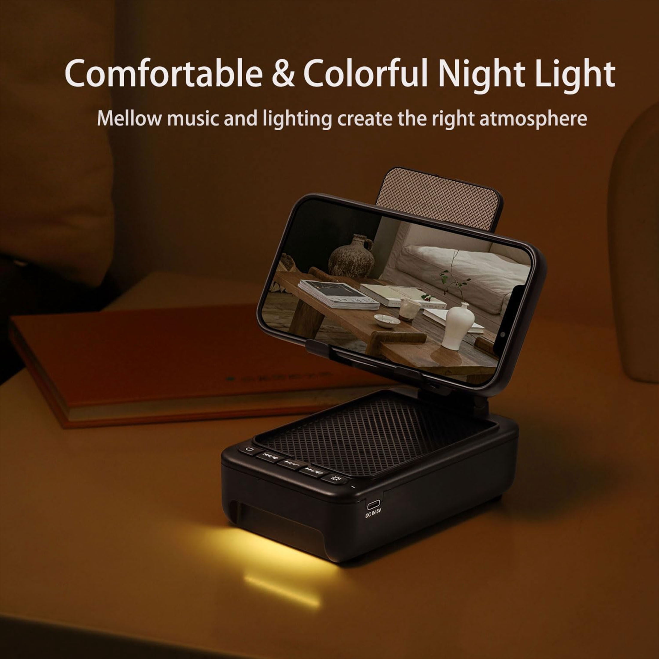 Portable Phone Stand with Speaker Bluetooth, Foldable Cellphone Stand with Led Color Changing Light, Angle Adjustable Cell Phone Holder with HD Stereo Sound Fits Phones,Tablet (Black)