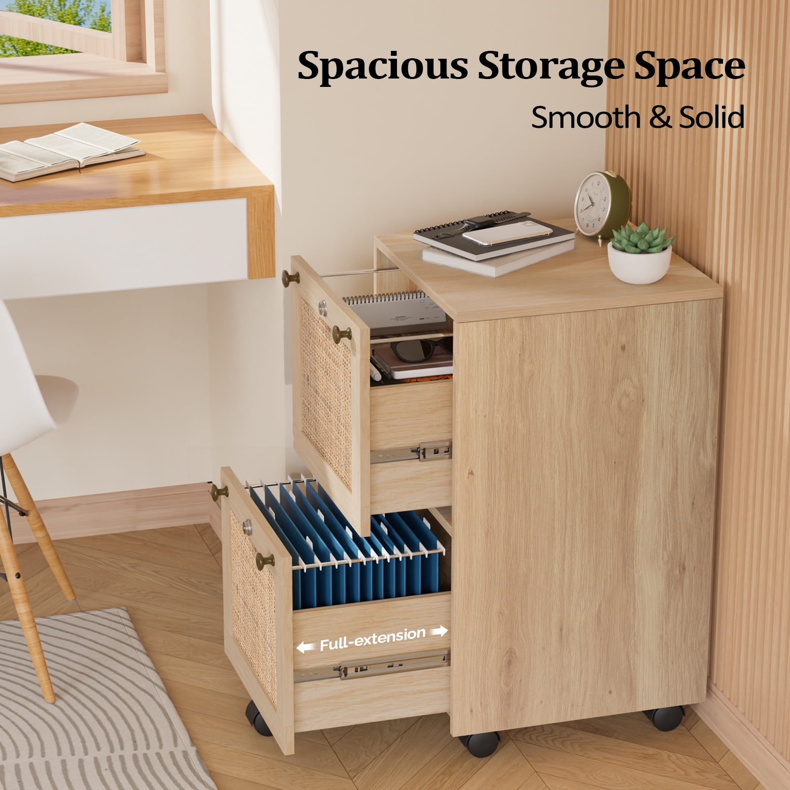 Ktaxon Rattan Wood File Cabinet with 2 Drawers,  Portable Vertical Mobile Wooden Storage Filing Cabinet, for Home Office, Natural