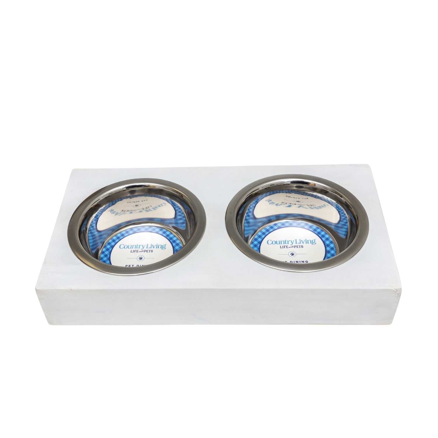Country Living Elevated Mango Wood Dog Feeder with 2 Stainless Steel Bowls – White/12oz