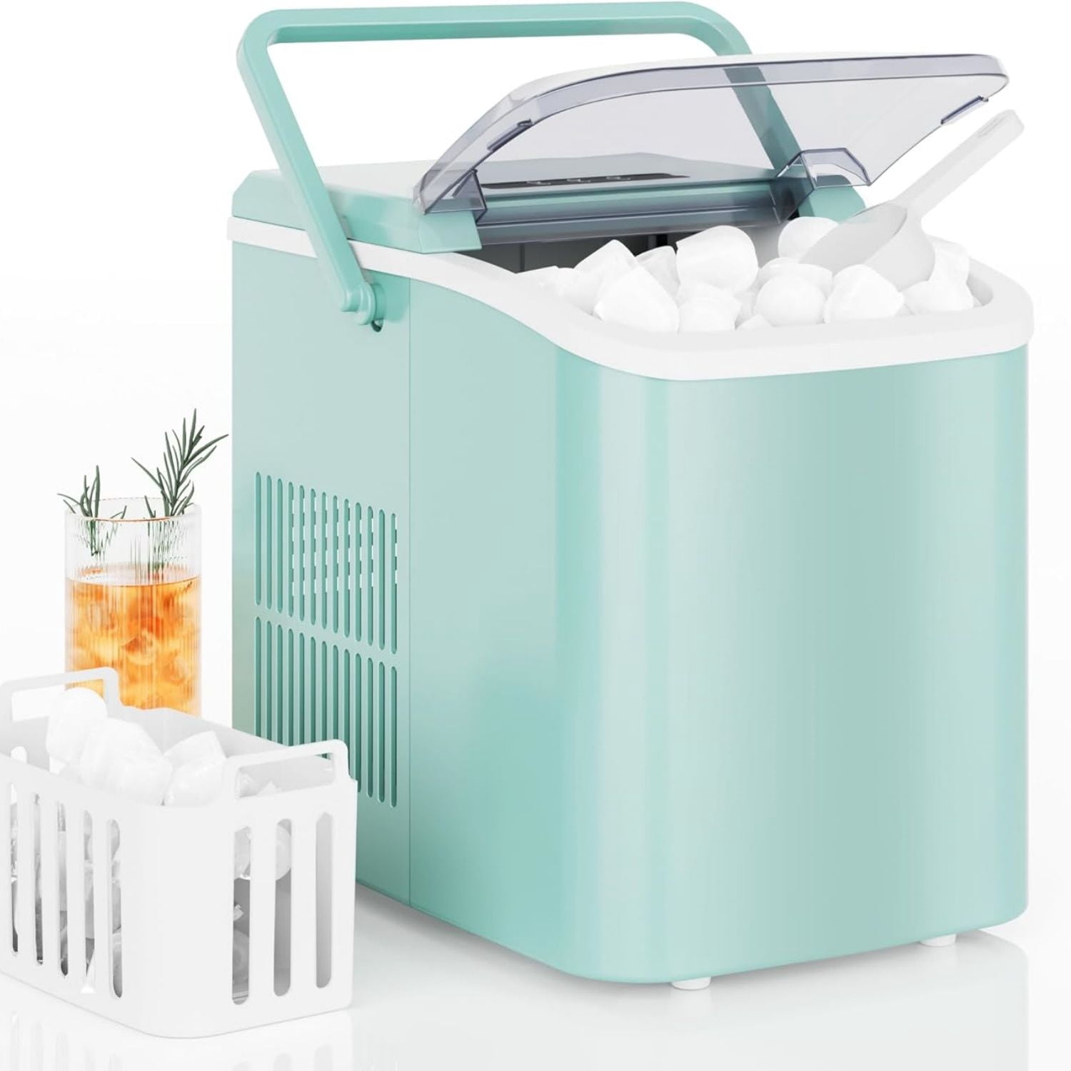 Countertop Ice Maker with Handle, 26lbs/24H Portable Ice Machine, 9 Bullet Cubes Ready in 6 Mins, Self-Cleaning, Quiet Compact for Home, Kitchen, RV, Camping, Green