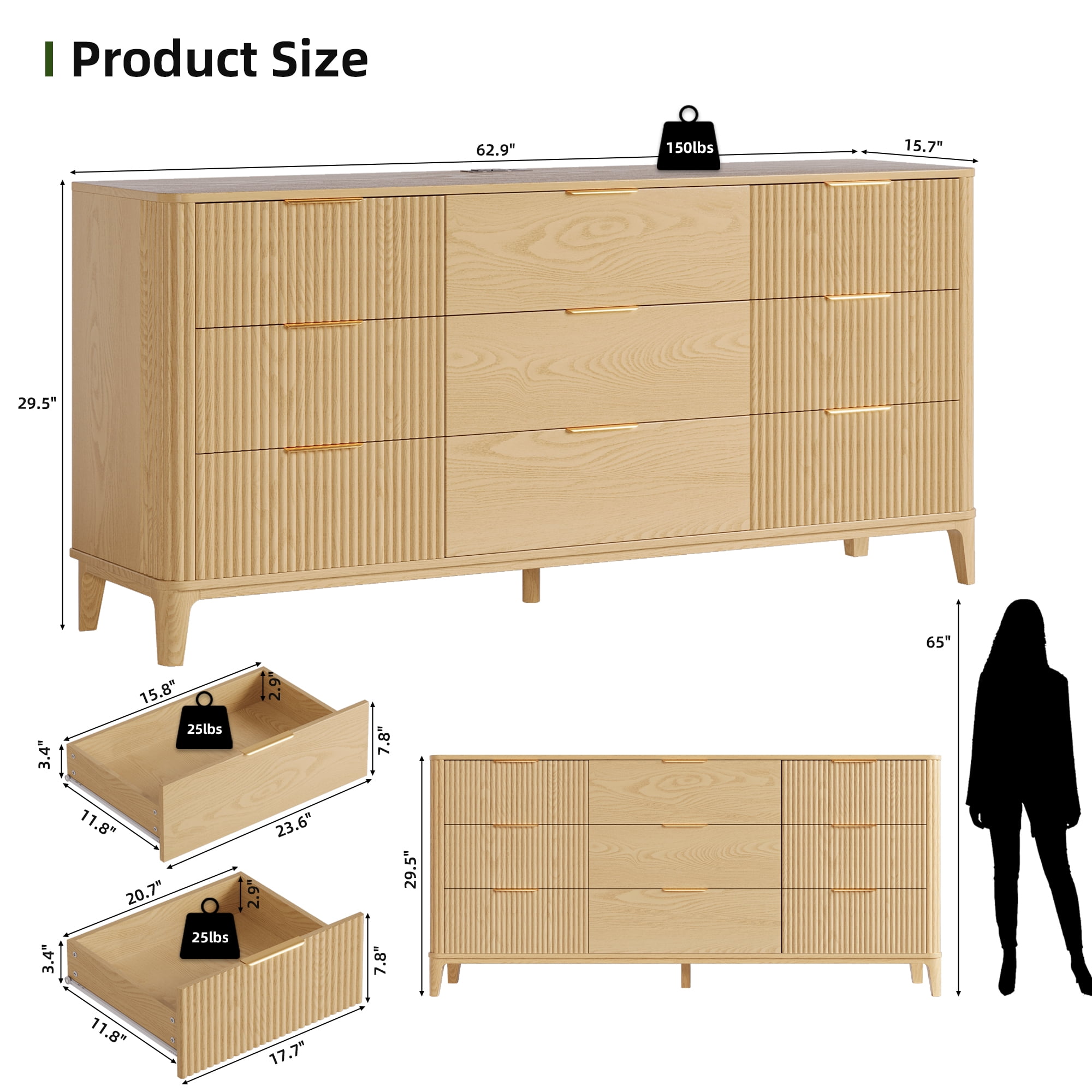 UGTOO 62.9" Extra length 9-Drawers Dresser, Natural Wood Storage Cabinet with Gold Handles Multi-Functional Organizer for Bedroom, Living Room & Kitchen, 25 lbs/Drawer Capacity