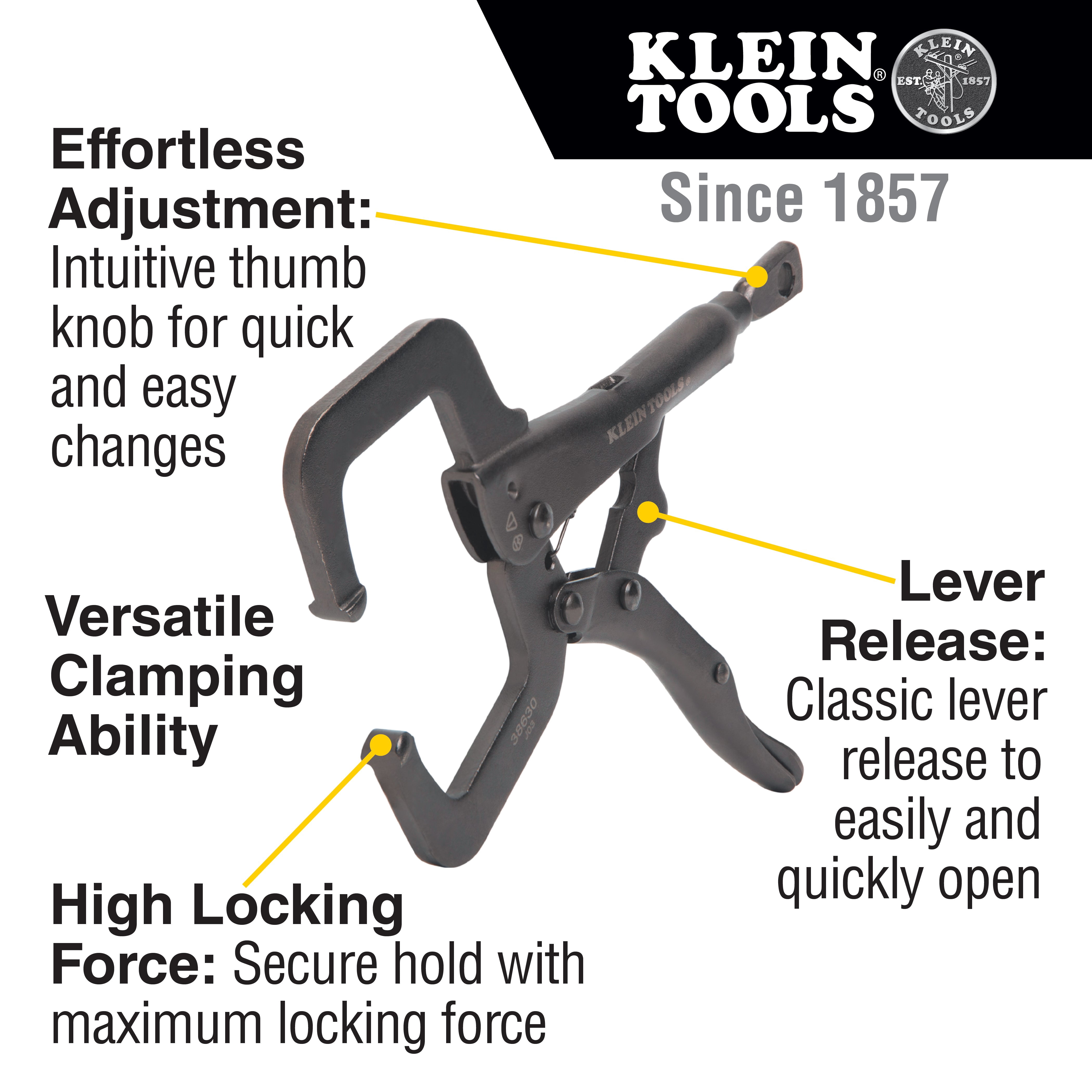 Klein Tools 38664 Locking Pliers Set, C-Clamp, Long Nose, Curved Jaw, 3 Pc.
