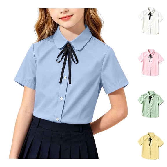 Asxite Toddler Girls White Shirt Solid Color Short Sleeve Button Down Preppy Style Casual Summer Tops 1-18Y